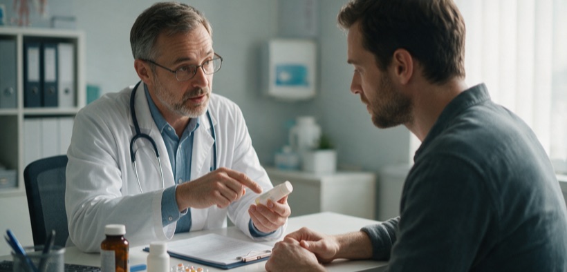Il medico spiega al paziente le interazioni e gli effetti collaterali del Viagra.