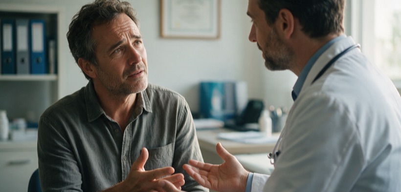 Uomo preoccupato per un'erezione debole parla con il medico.