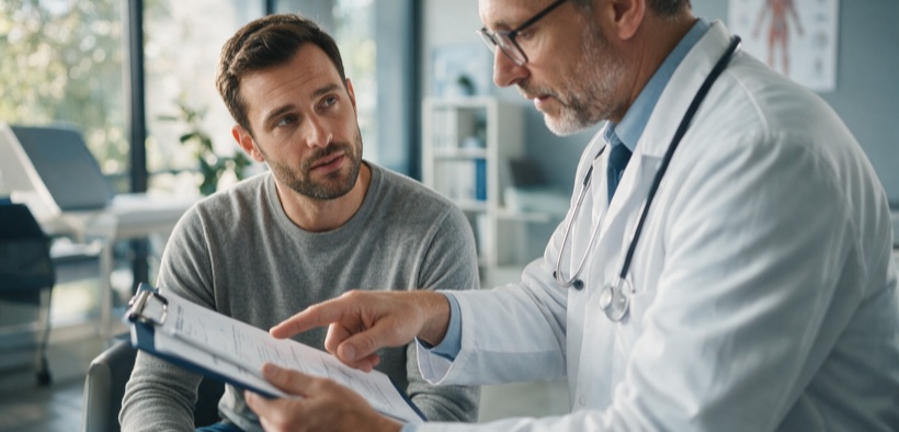 Medico spiega al paziente la sicurezza e gli effetti collaterali della finasteride.