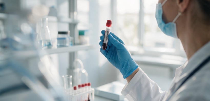 Esame del sangue per la diagnosi del testosterone basso in laboratorio.