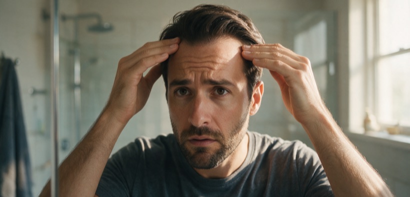 Un uomo controlla l'attaccatura dei capelli allo specchio.